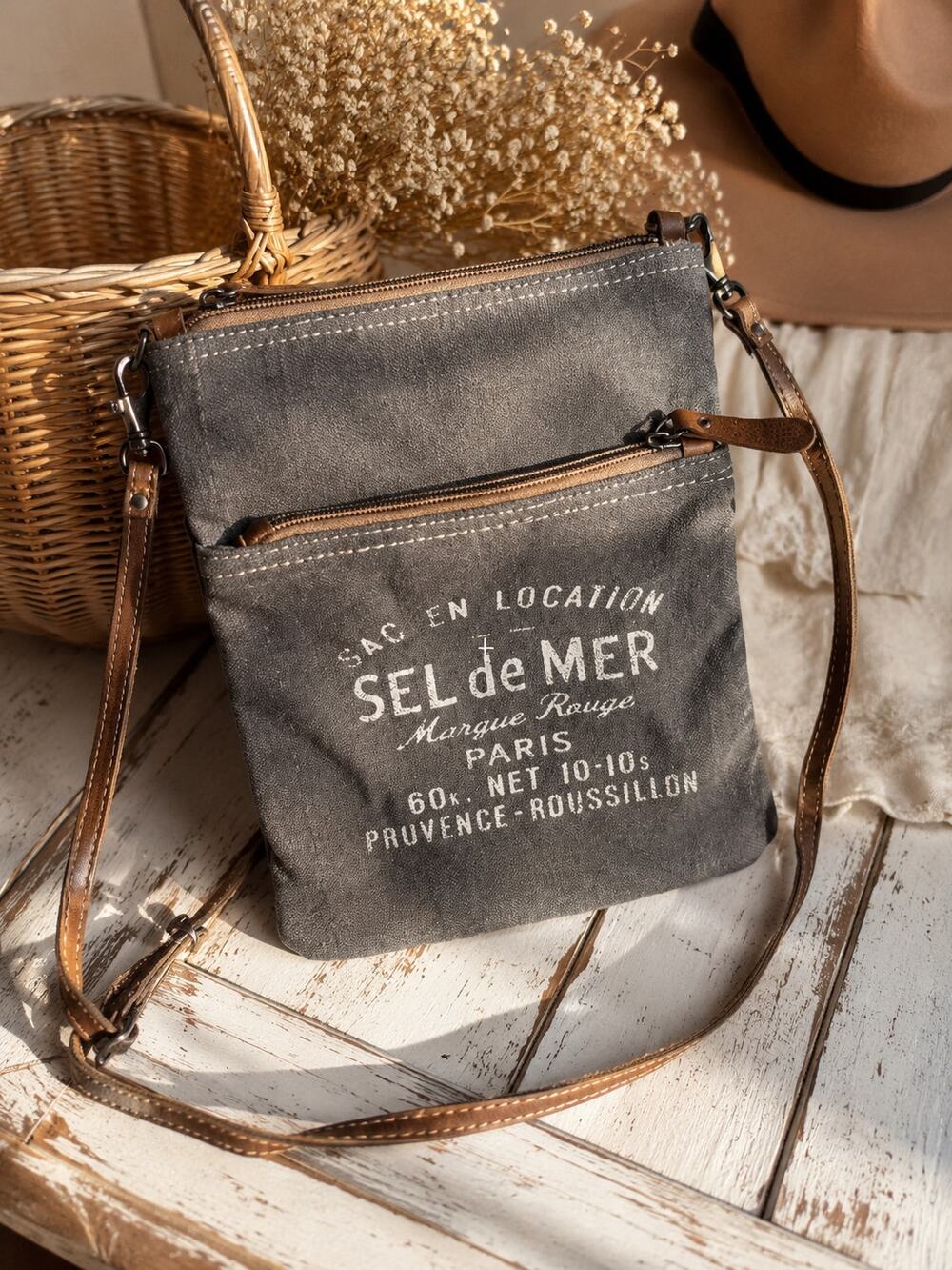 Myra Bag Petit Gray Canvas Crossbody Leather Strap Boho Purse
